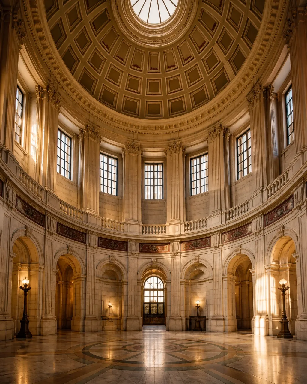 Warm courthouse rotunda interior with grand columns and a domed ceiling